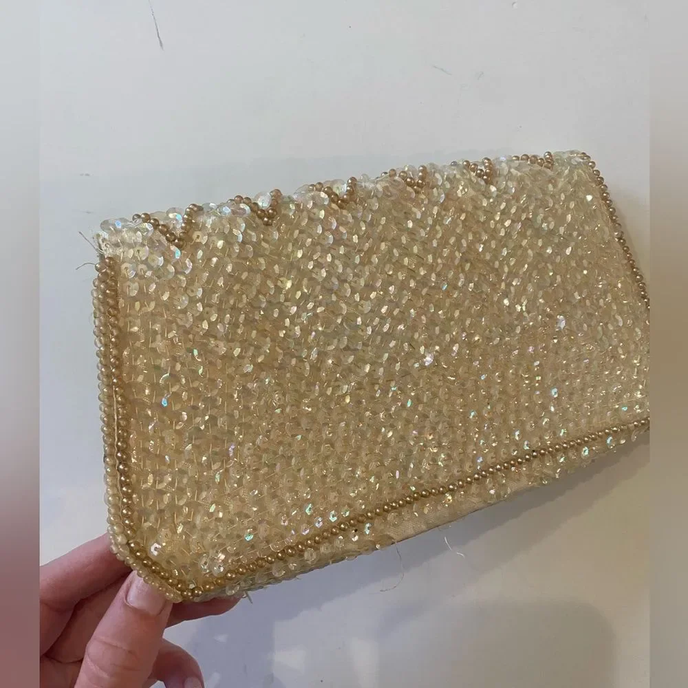 JILL Empress VINTAGE Beaded Clutch Cream